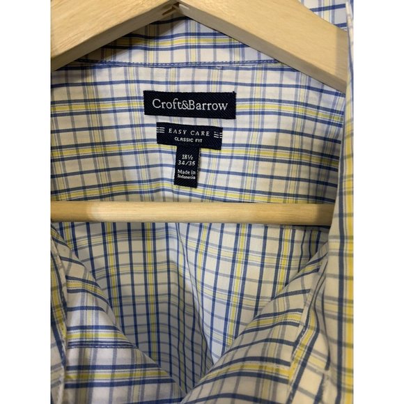 Croft‎ & Barrow Men’s Sz 18 1/2 33/35 Button Shirt Long Sleeve Plaid Blue Yellow - Picture 2 of 9